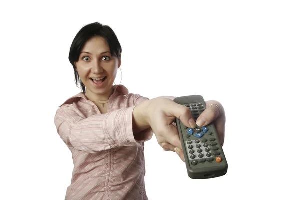 Una foto de mujer con mando a distancia — Foto de Stock