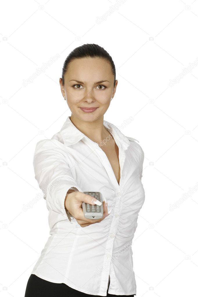 Remote control in white woman's hand