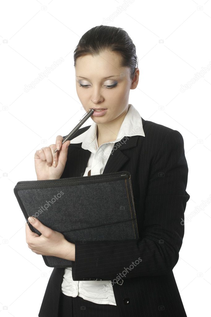 A photo of businesswoman with documents and pen