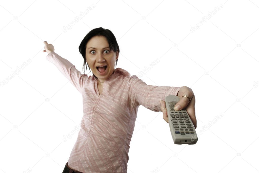 A photo of woman with remote control