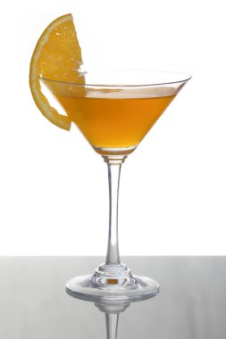 A photo of martini glass with orange cocktail and a piece of citrus clipart