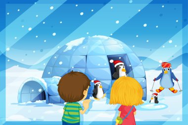 a girl and boy with penguines clipart