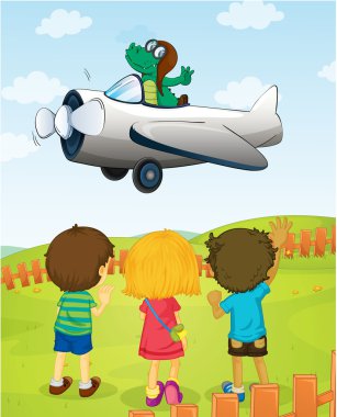 kids watching crocodile flying plane clipart