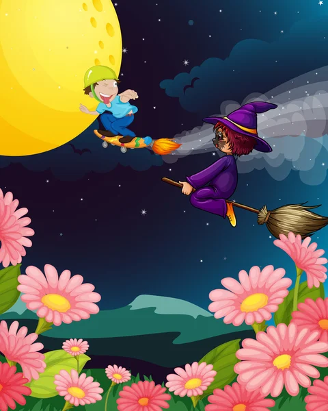 Un garçon et une sorcière volant — Image vectorielle