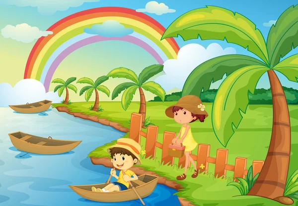 Ein Junge und ein Mädchen fahren Boot — Stockvektor
