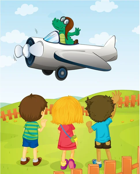 Kids watching crocodile flying plane — Stock Vector