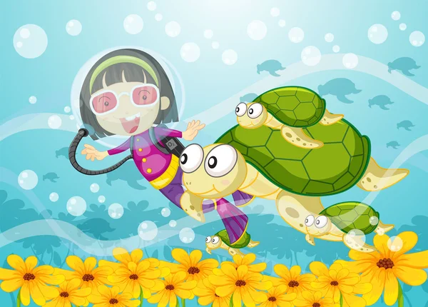 乌龟和水中的女孩 — 图库矢量图片