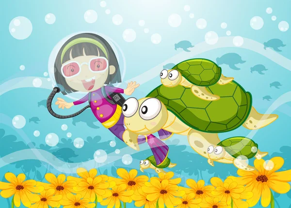 stock vector tortoise and girl in water