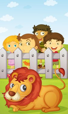 kids watching lion clipart