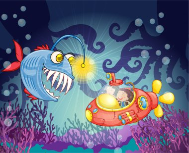 monster fish and submarine clipart