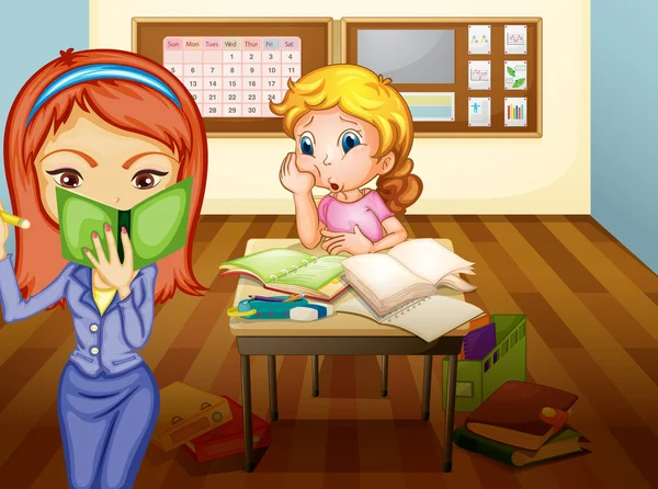 一个女孩和老师在教室里 — 图库矢量图片