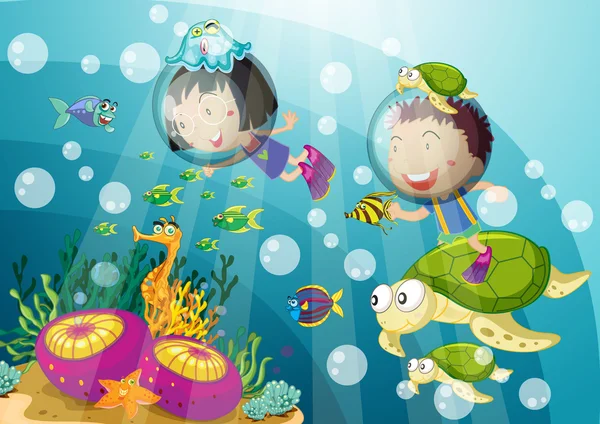 Kura-kura dan anak-anak di dalam air - Stok Vektor