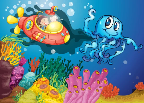 Octopus and kids in submarine — Stock Vector