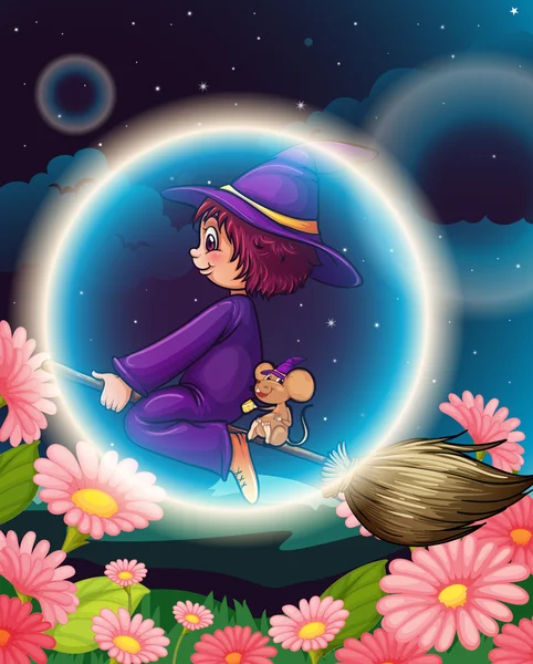 Une sorcière volant sur un balai — Image vectorielle