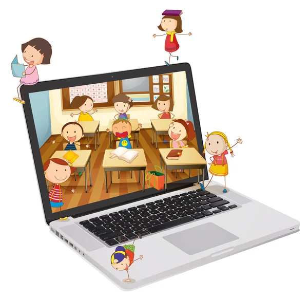 Foto de los estudiantes de la escuela en un ordenador portátil — Vector de stock