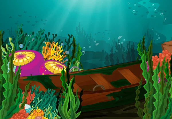 Coral y bote de remos en aguas profundas — Vector de stock