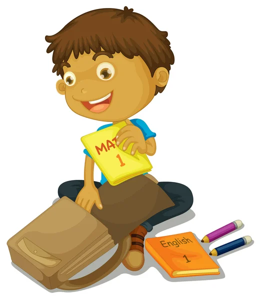 A boy filling schoolbag — Stock Vector