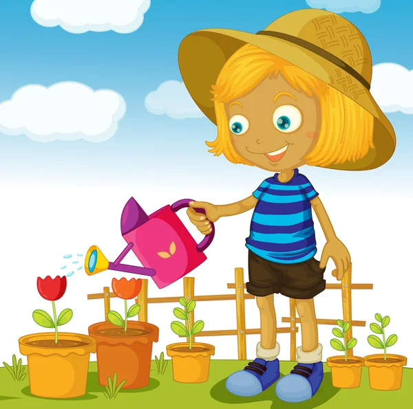 Dívka zalévání rostlin — Stockový vektor