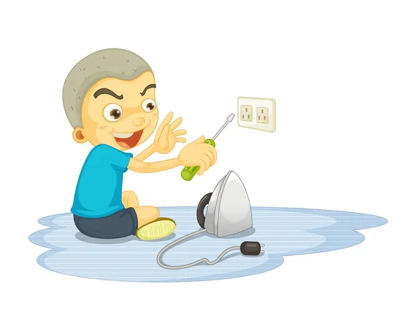 A boy repairing electric switch — Stock Vector