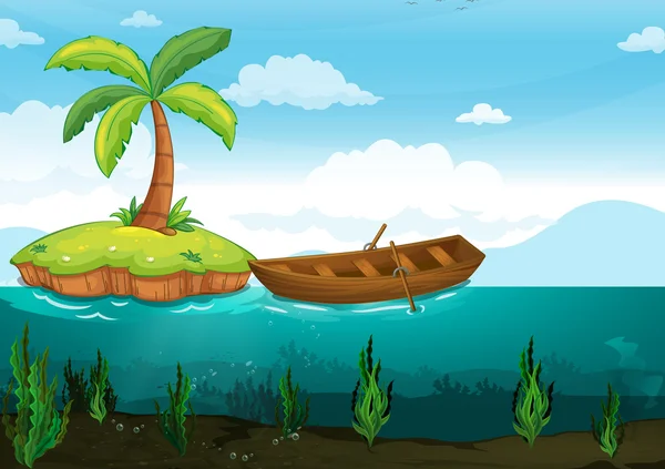 Plam δέντρο και βάρκα με κουπιά — Διανυσματικό Αρχείο