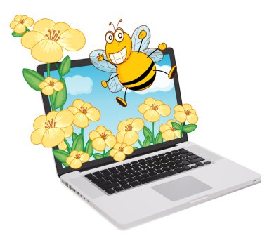 laptop ve arı, çiçekler