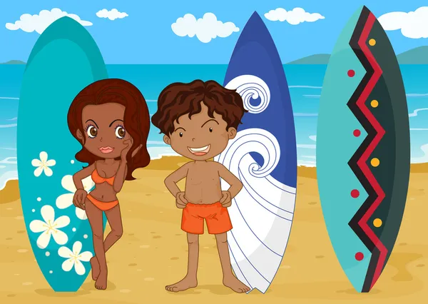 Un ragazzo e una ragazza con surf pad — Vettoriale Stock