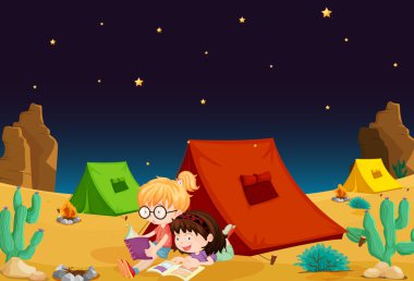 tent house and girl reading books clipart