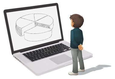 man looking at pie chart on computer screen clipart