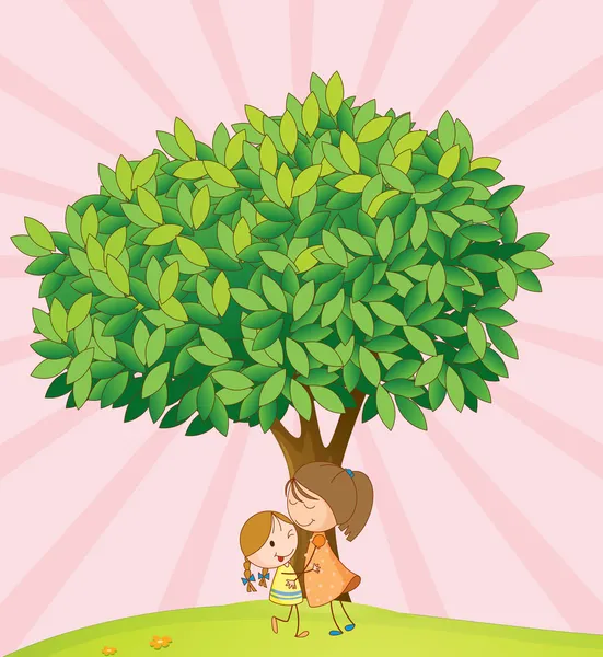 Kids playing under tree — Stock Vector