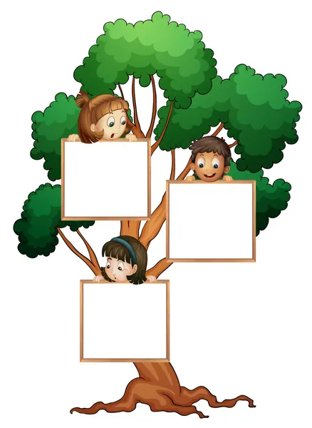 Crianças na árvore com placa branca — Vetor de Stock