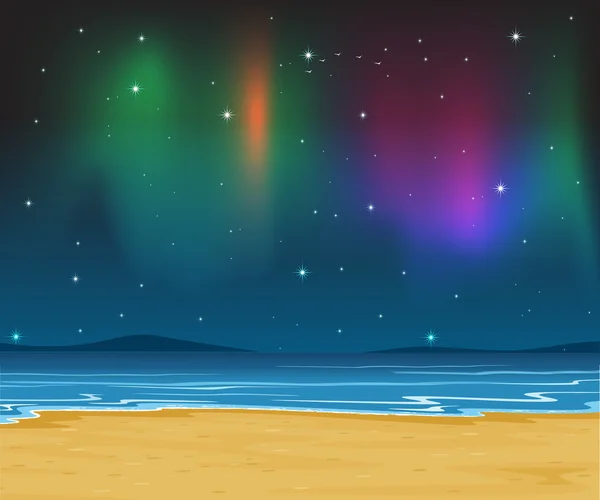 Deniz kıyısında ve gece gökyüzünde yıldızlar — Stok Vektör