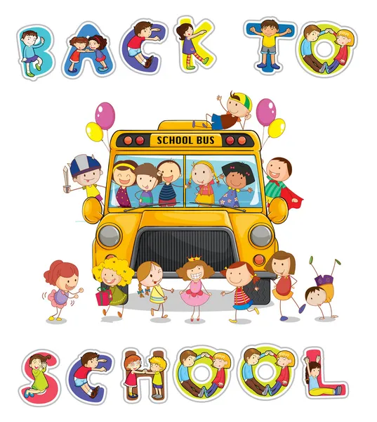Scuolabus e parola inglese torna a scuola — Vettoriale Stock