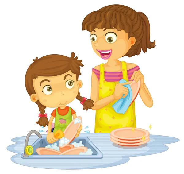 A girls washing plates — Stock Vector
