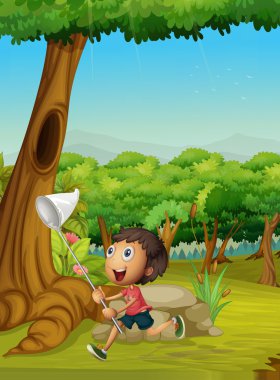 Boy running in a forest clipart