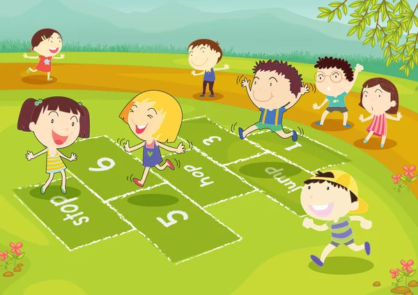 Junge Freunde spielen Hopscotch — Stockvektor