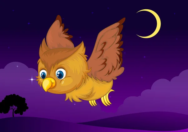 暗い夜の空飛ぶフクロウのイラスト — ストックベクタ
