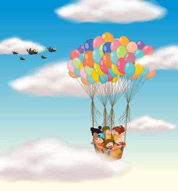 kids flying in basket clipart