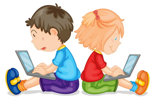 Enfants avec ordinateur portable — Image vectorielle