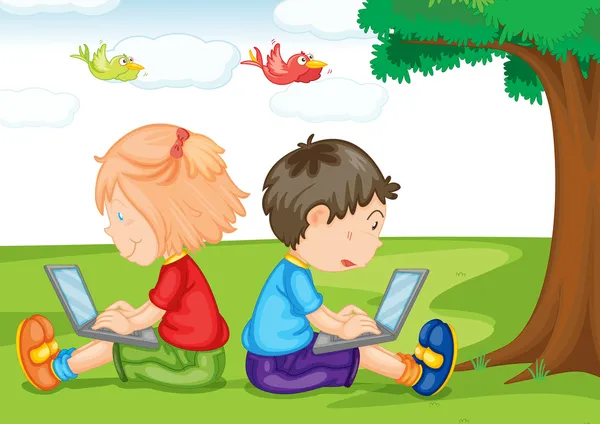 Дети с ноутбуком под деревом — стоковый вектор