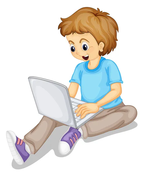 Um menino e laptop — Vetor de Stock