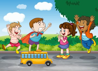 kids and toy bus clipart