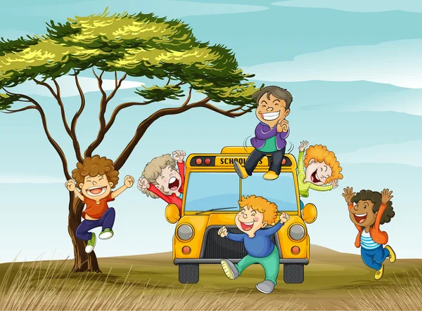 Bambini e scuolabus — Vettoriale Stock
