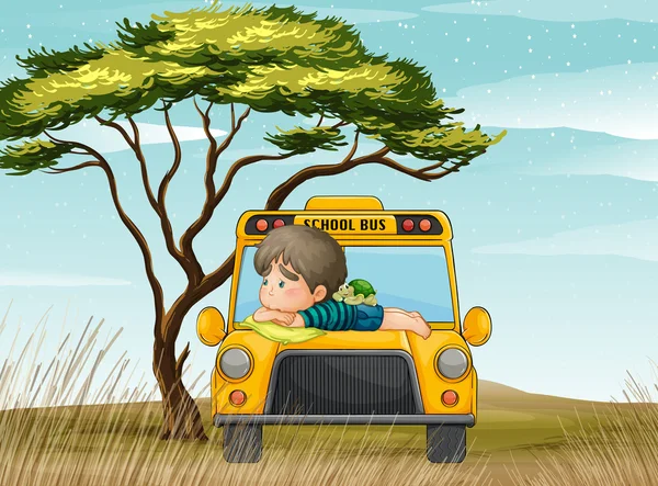 Шкільний автобус і хлопчик — стоковий вектор