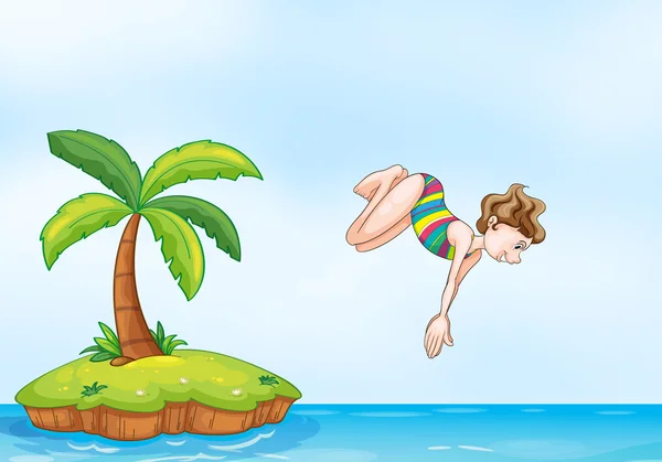 Palm tree girl diving on island — Stock Vector