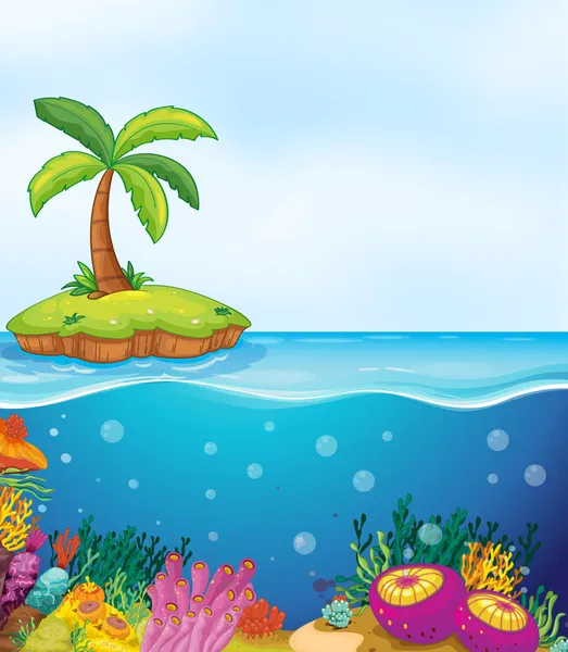 Κοράλλια και παλάμη δέντρο στο νησί — Διανυσματικό Αρχείο