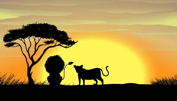 Lejonet och tigern under ett träd — Stock vektor