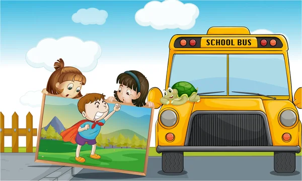 Niños y autobús escolar — Vector de stock