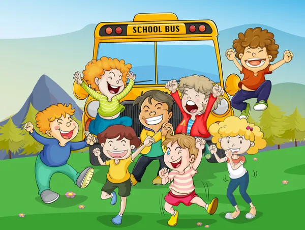 Anak-anak dan bus sekolah - Stok Vektor