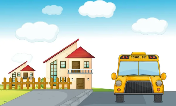 Um autocarro escolar e um edifício —  Vetores de Stock
