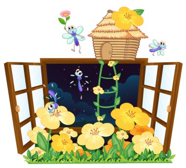 flies, bird house and window clipart